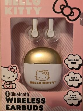 Hello Kitty White & Gold Wireless Earbuds with Charging Case Nib
